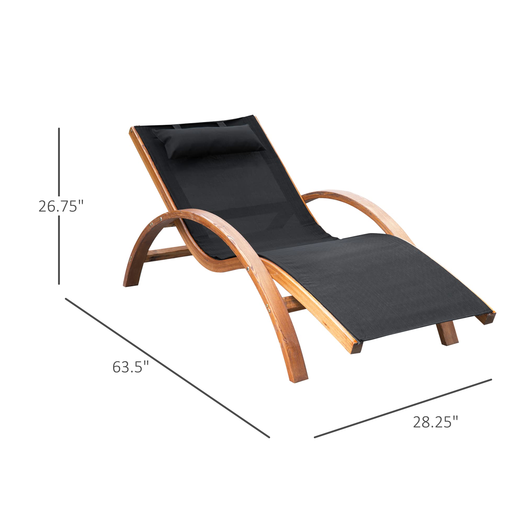 Outsunny Outdoor Chaise Wood Lounge Chair with Pillow, Armrests, Breathable Sling Mesh and Comfortable Curved Design for Patio, Deck, and Poolside