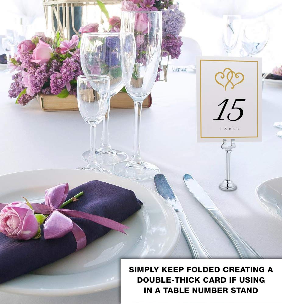 Linked Hearts and Border Wedding Table Numbers (Select Color/Quantity), White, Gold, 1-10, Double Sided, Tent or Use in a Stand, Great for Parties & Restaurants