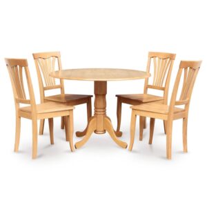 east west furniture dlav5-oak-w 5 piece dining room furniture set includes a round kitchen table with dropleaf and 4 dining chairs, 42x42 inch, oak