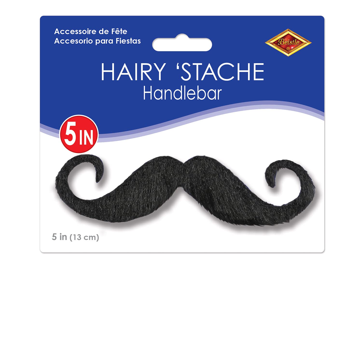 Beistle Handlebar Mustache, Self-Adhesive Fake Hairy 'stache, Halloween Stick on Facial Hair for Pirates, Cowboys, & Mario Costume for Parties, 5”