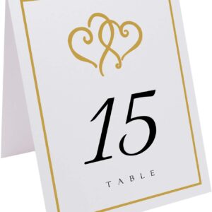 Linked Hearts and Border Wedding Table Numbers (Select Color/Quantity), White, Gold, 1-10, Double Sided, Tent or Use in a Stand, Great for Parties & Restaurants