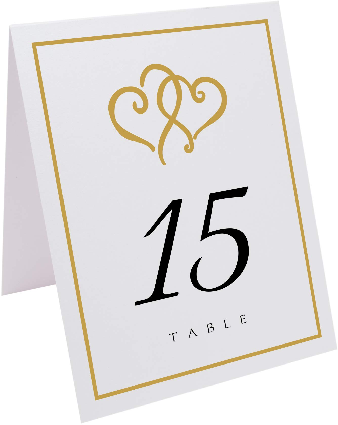 Linked Hearts and Border Wedding Table Numbers (Select Color/Quantity), White, Gold, 1-10, Double Sided, Tent or Use in a Stand, Great for Parties & Restaurants