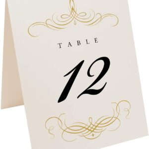 Decadent Flourish Wedding Table Numbers (Select Color/Quantity), Champagne, Gold, 1-20, Double Sided, Tent or Use in a Stand, Great for Parties & Restaurants - Made in the USA