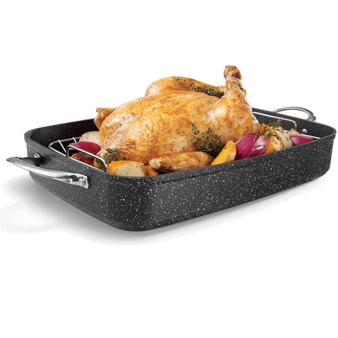 THE ROCK by Starfrit 17" Roaster with Rack & Stainless Steel Handles, Black