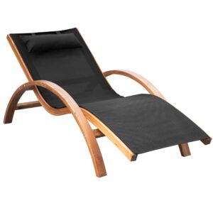 outsunny outdoor chaise wood lounge chair with pillow, armrests, breathable sling mesh and comfortable curved design for patio, deck, and poolside