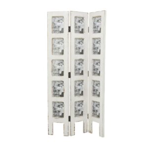 deco 79 wooden partition room divider screen hinged foldable partition 3 panel privacy screen with 15 photo slots, room partition 27" x 1" x 51", white