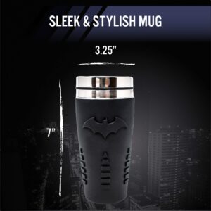 Paladone Batman Travel Mug with Silicone Grip Sleeve, 15oz, Insulated Stainless Steel Tumbler with Lid, Officially Licensed DC Comics Coffee Mug