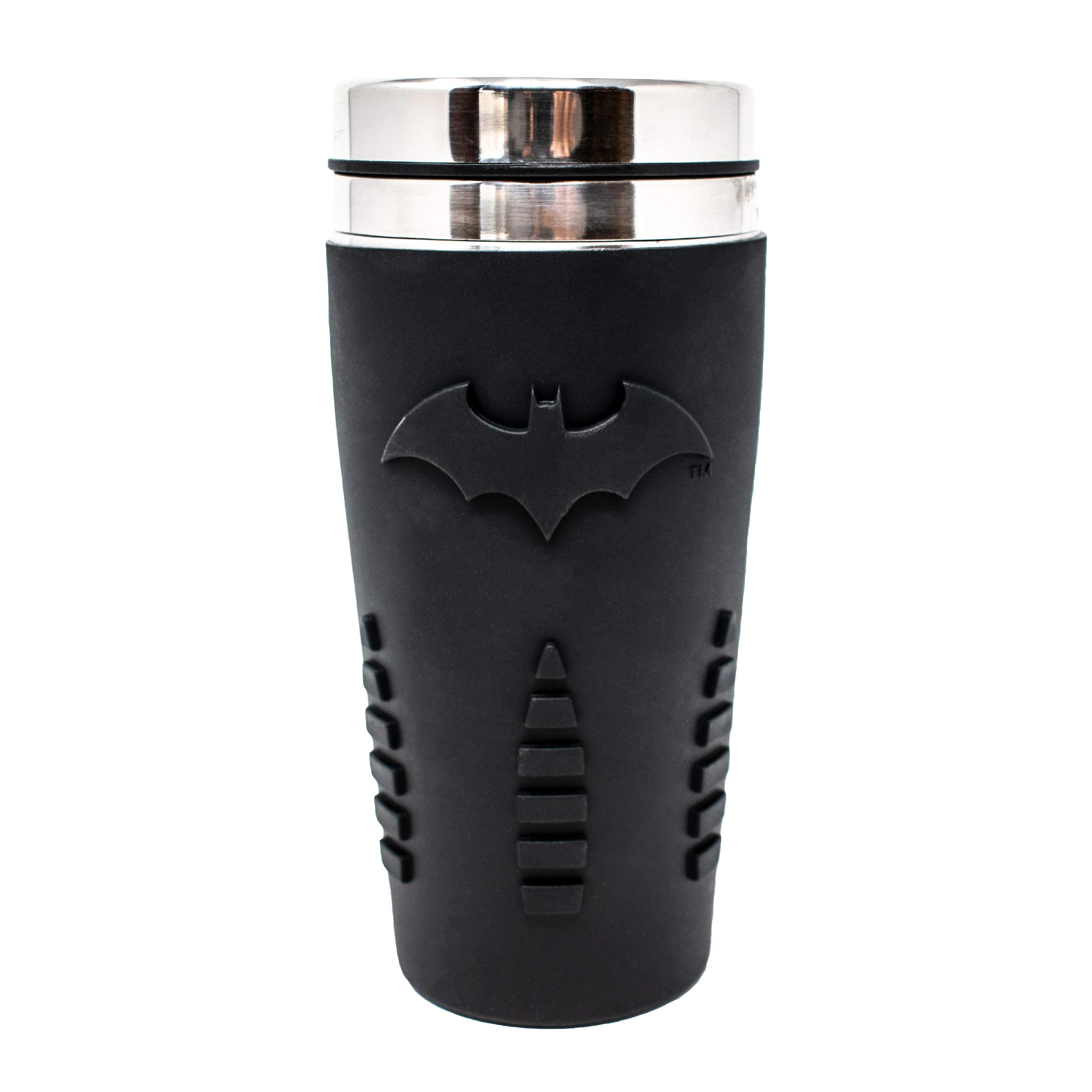 Paladone Batman Travel Mug with Silicone Grip Sleeve, 15oz, Insulated Stainless Steel Tumbler with Lid, Officially Licensed DC Comics Coffee Mug