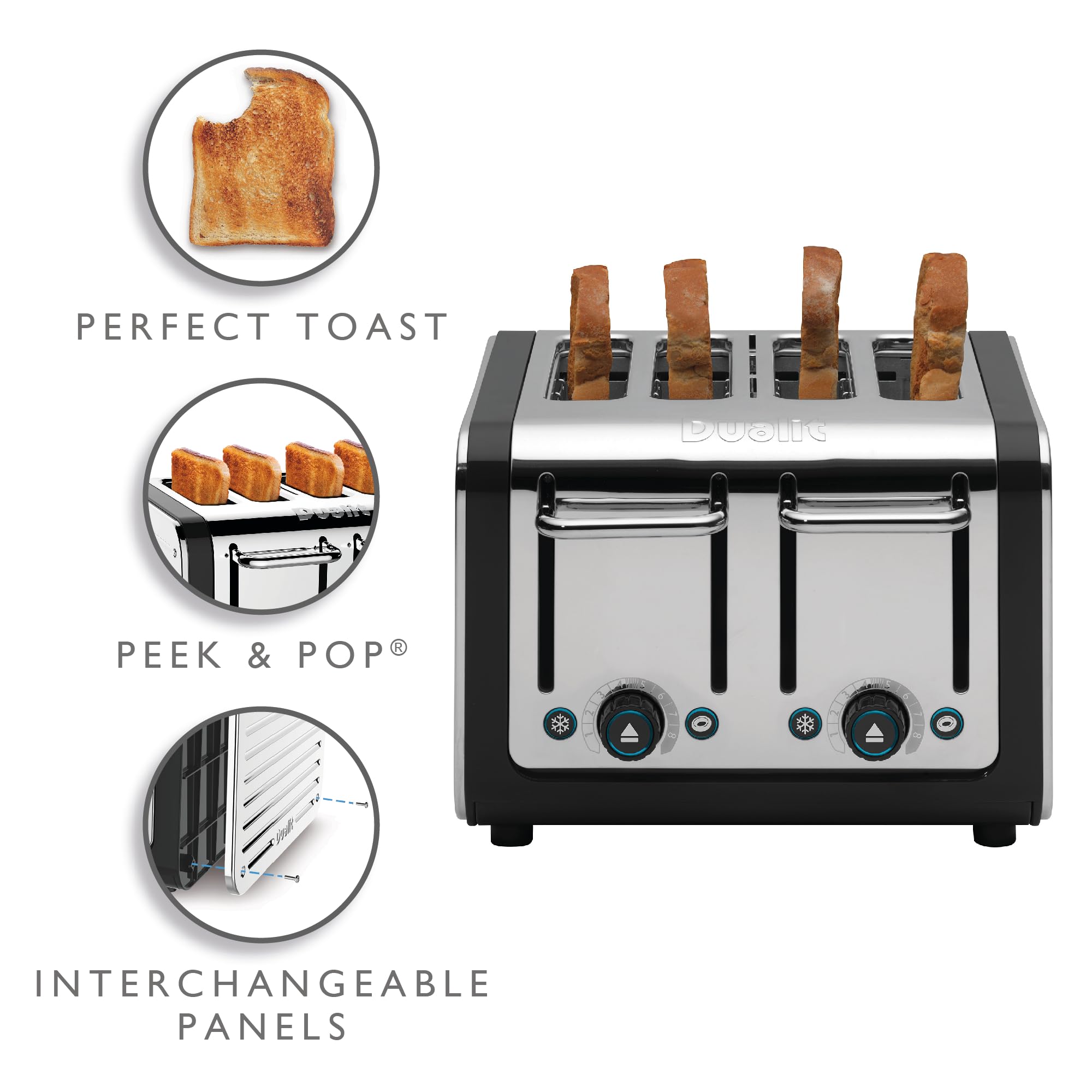 Dualit Design Series 4 Slice Toaster | Polished Stainless Steel with Black Trim | Extra-Wide Slots – Peek and Pop Function – Patented Perfect Toast Technology – Matching Kettle Available