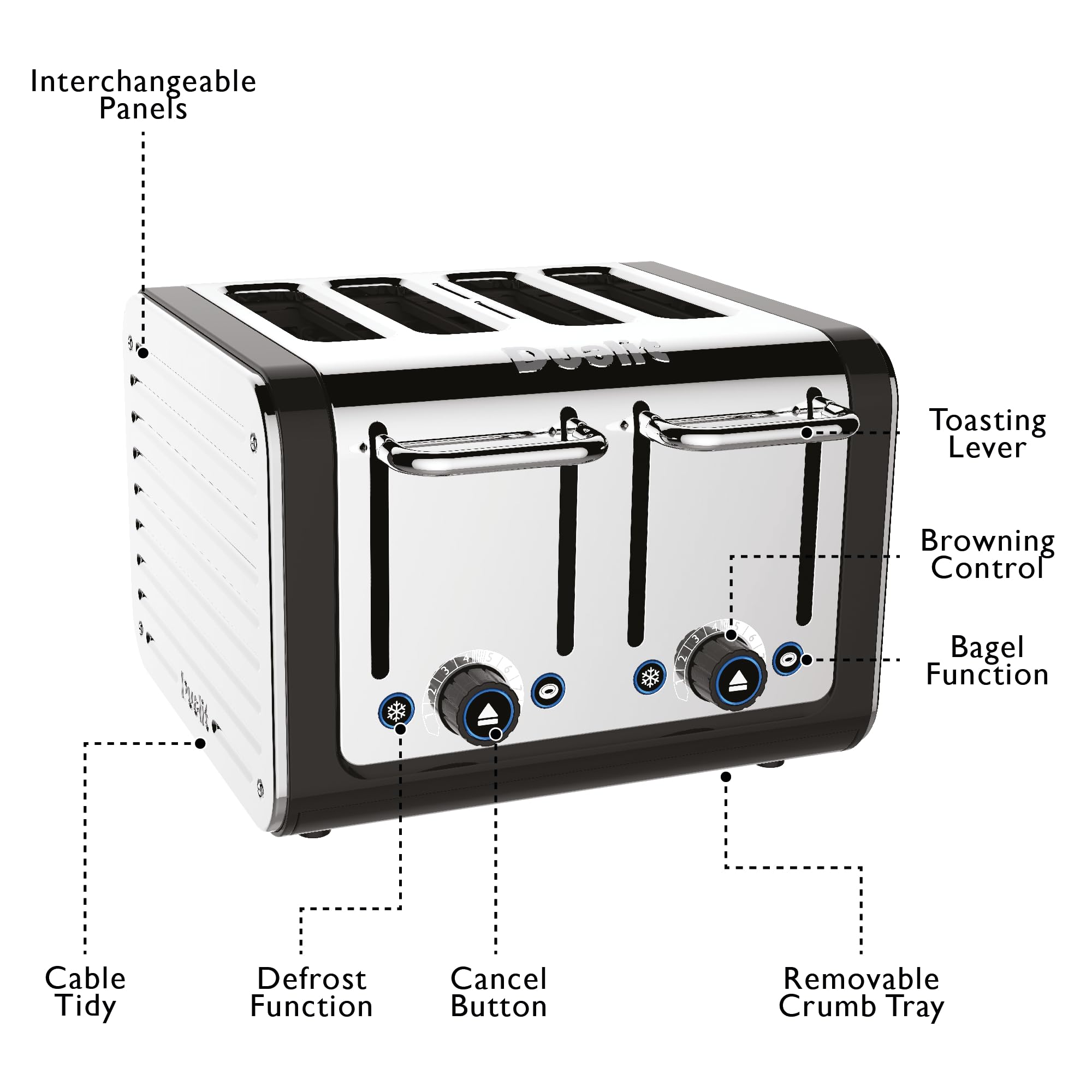 Dualit Design Series 4 Slice Toaster | Polished Stainless Steel with Black Trim | Extra-Wide Slots – Peek and Pop Function – Patented Perfect Toast Technology – Matching Kettle Available