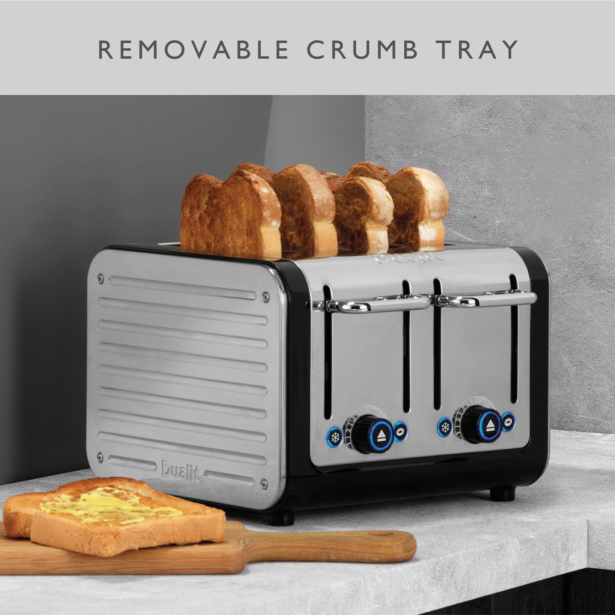 Dualit Design Series 4 Slice Toaster | Polished Stainless Steel with Black Trim | Extra-Wide Slots – Peek and Pop Function – Patented Perfect Toast Technology – Matching Kettle Available