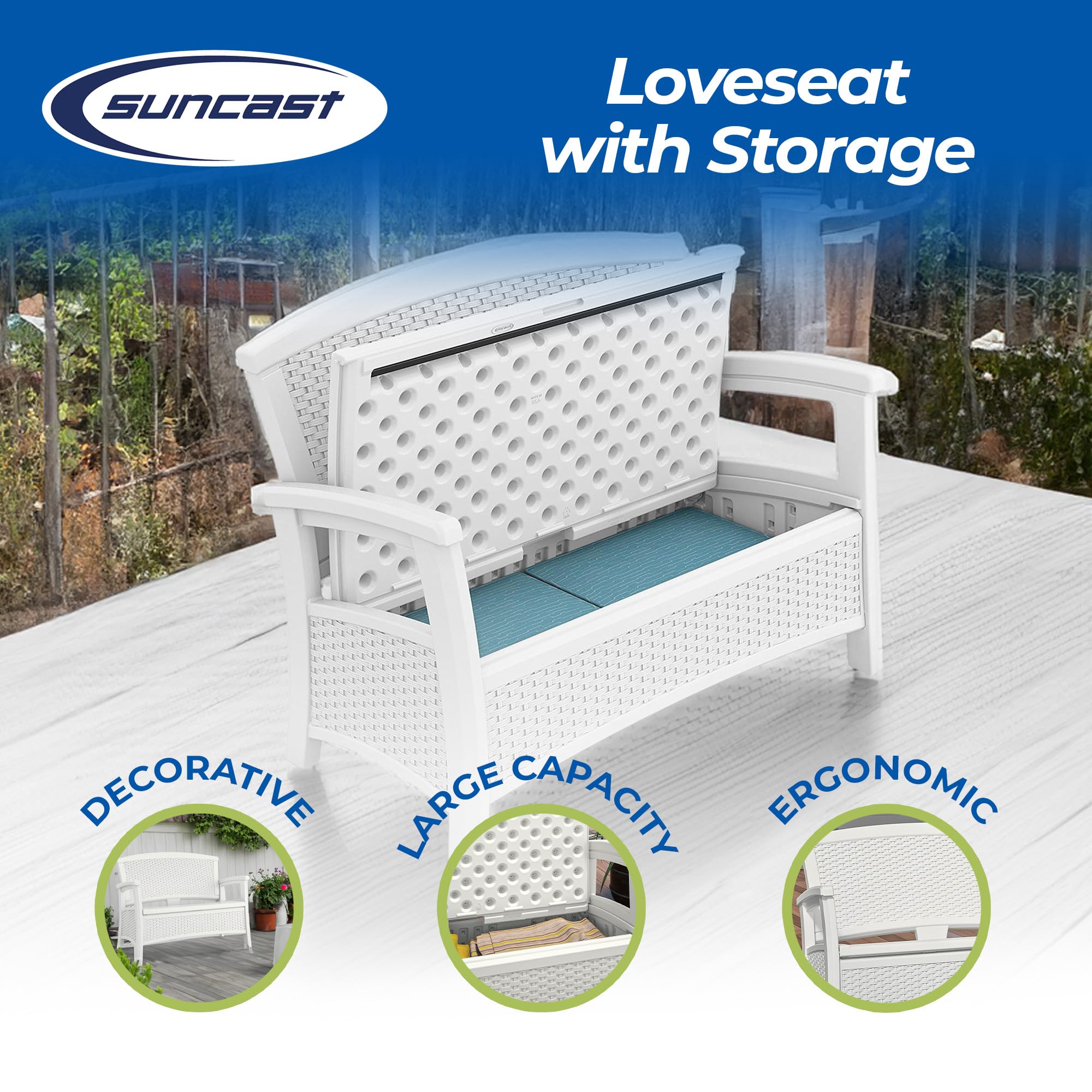 Suncast Elements Stylish Lightweight Loveseat Outdoor Seating with Convenient Built In Universal Storage, and All Weather Plastic, White