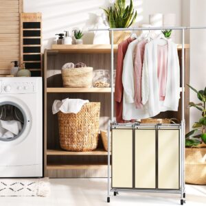 DecoBrothers Heavy Duty 3 Bag Extendable Laundry Sorter Cart with Hanging Bar, Beige