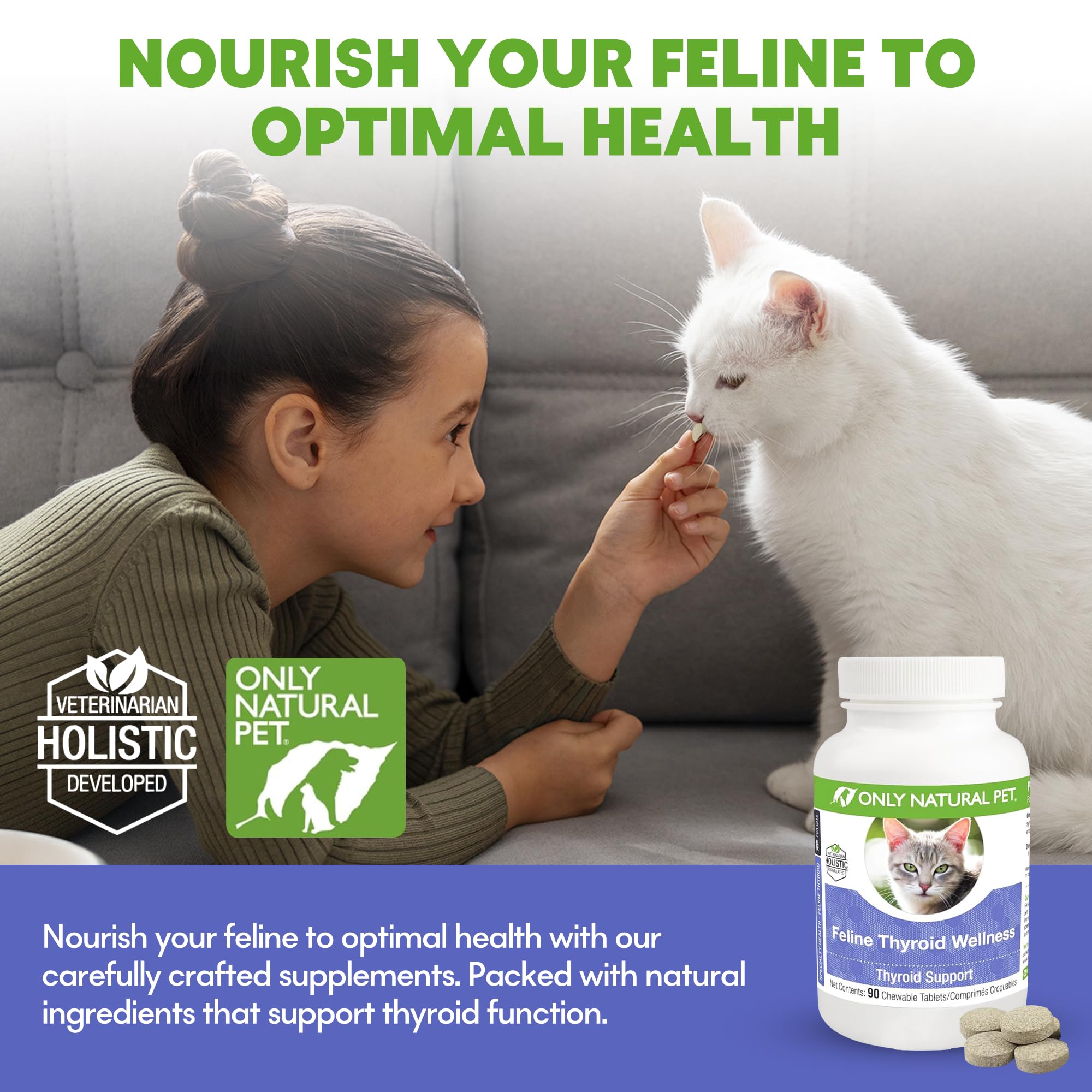 ONLY NATURAL PET Thyroid Support Supplement for Cats - Multivitamin with L-Carnitine & Lemon Balm - Vet Formulated - Helps with Endocrine & Immune Health - Turkey Flavored Chewable - 90 Tablets