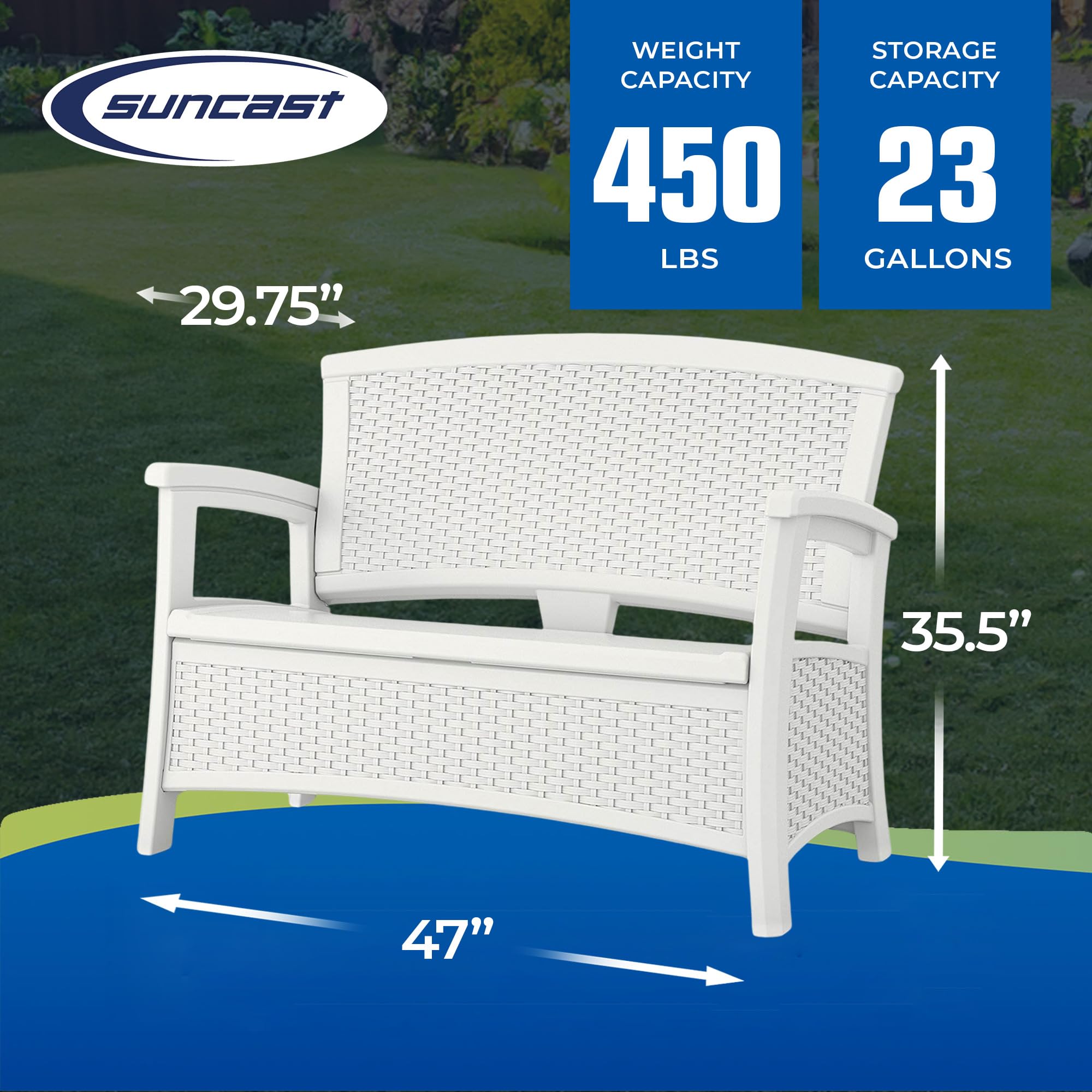 Suncast Elements Stylish Lightweight Loveseat Outdoor Seating with Convenient Built In Universal Storage, and All Weather Plastic, White