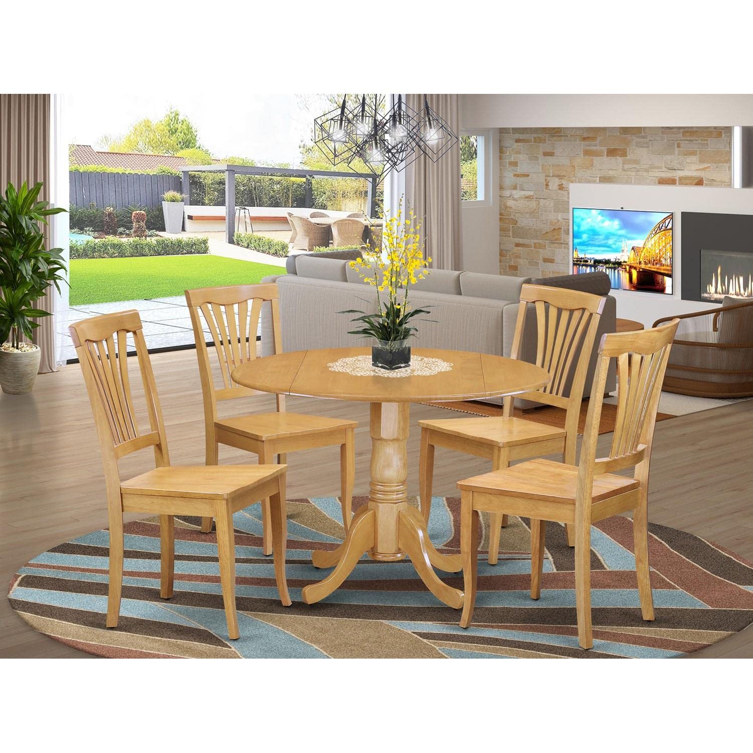 East West Furniture DLAV5-OAK-W 5 Piece Dining Room Furniture Set Includes a Round Kitchen Table with Dropleaf and 4 Dining Chairs, 42x42 Inch, Oak