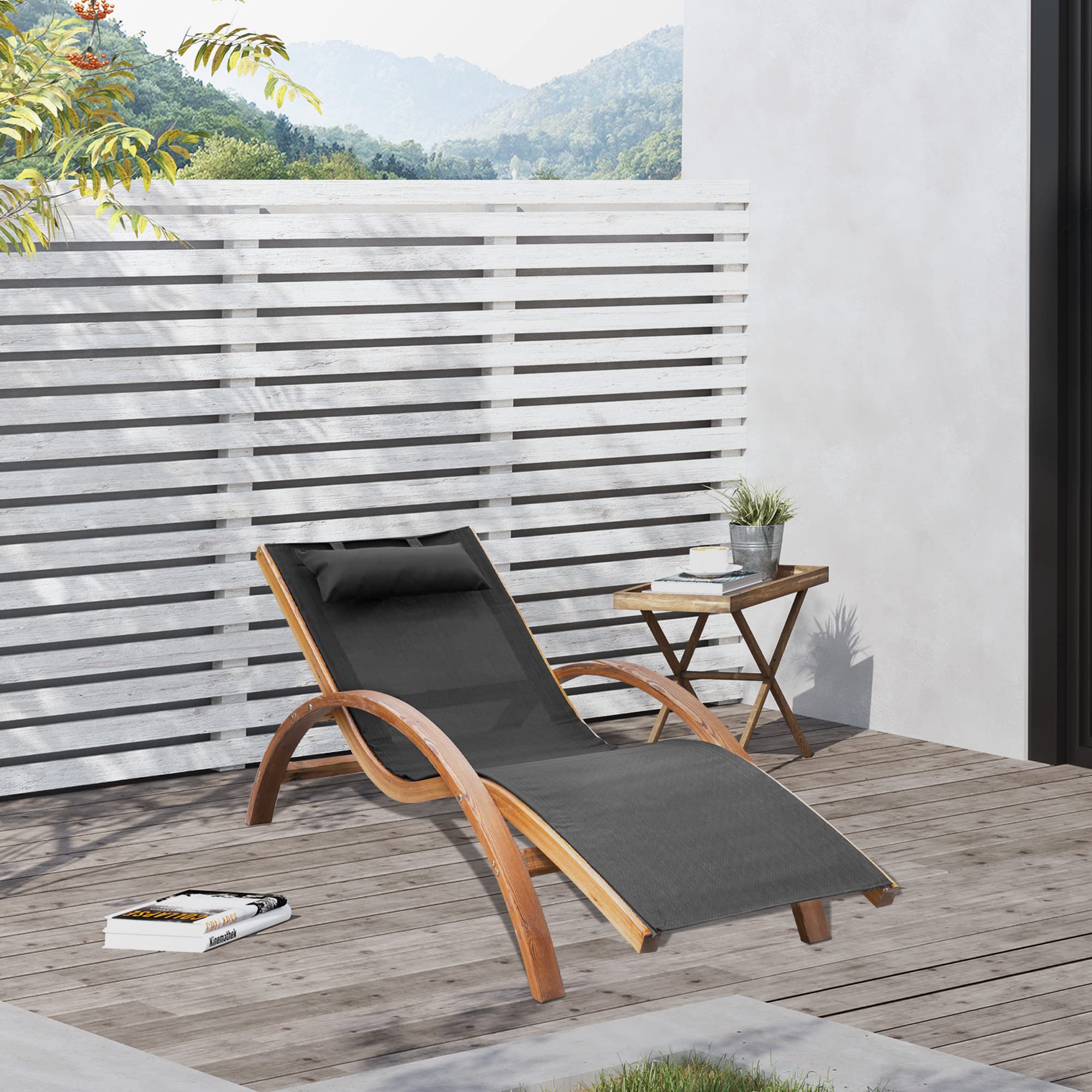 Outsunny Outdoor Chaise Wood Lounge Chair with Pillow, Armrests, Breathable Sling Mesh and Comfortable Curved Design for Patio, Deck, and Poolside