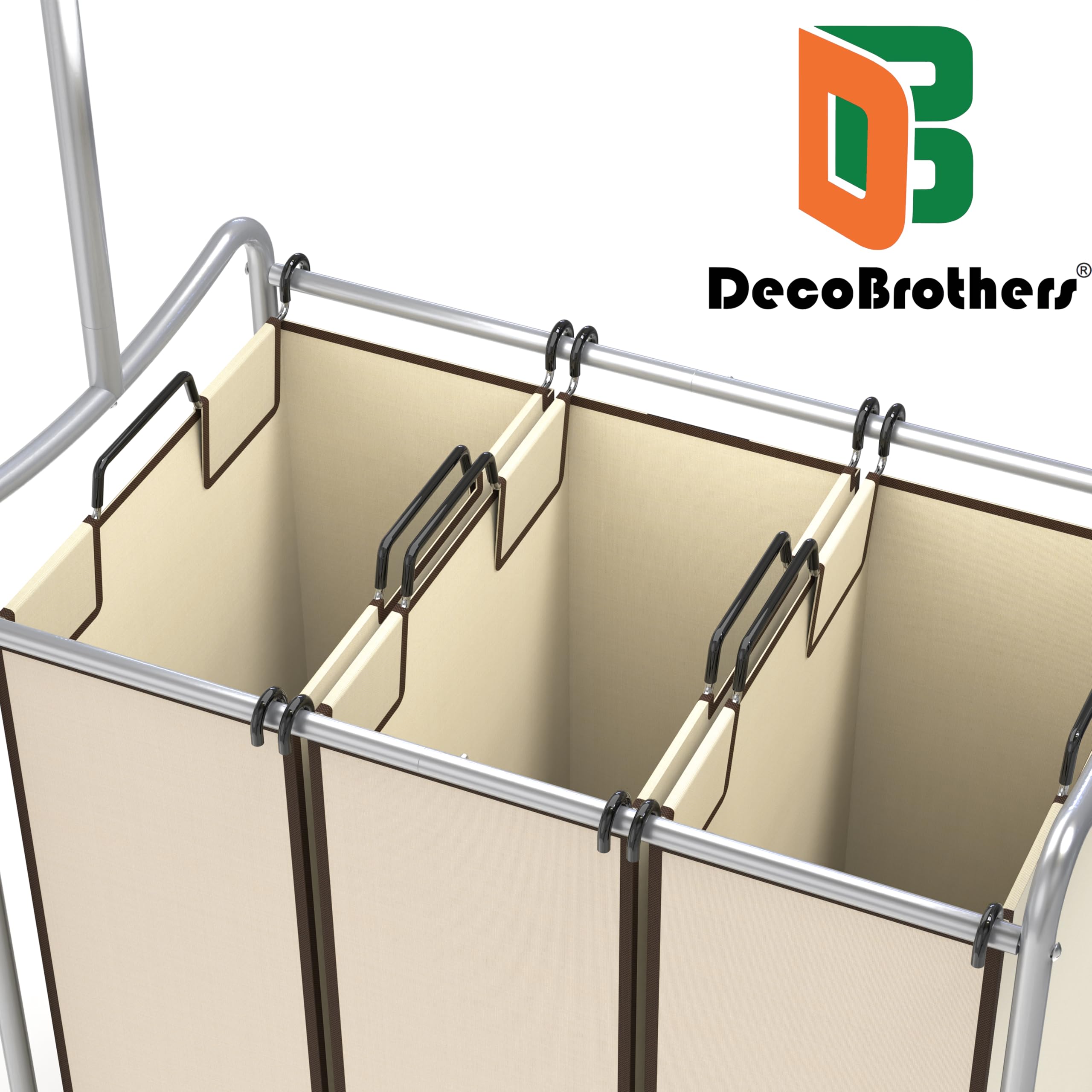 DecoBrothers Heavy Duty 3 Bag Extendable Laundry Sorter Cart with Hanging Bar, Beige