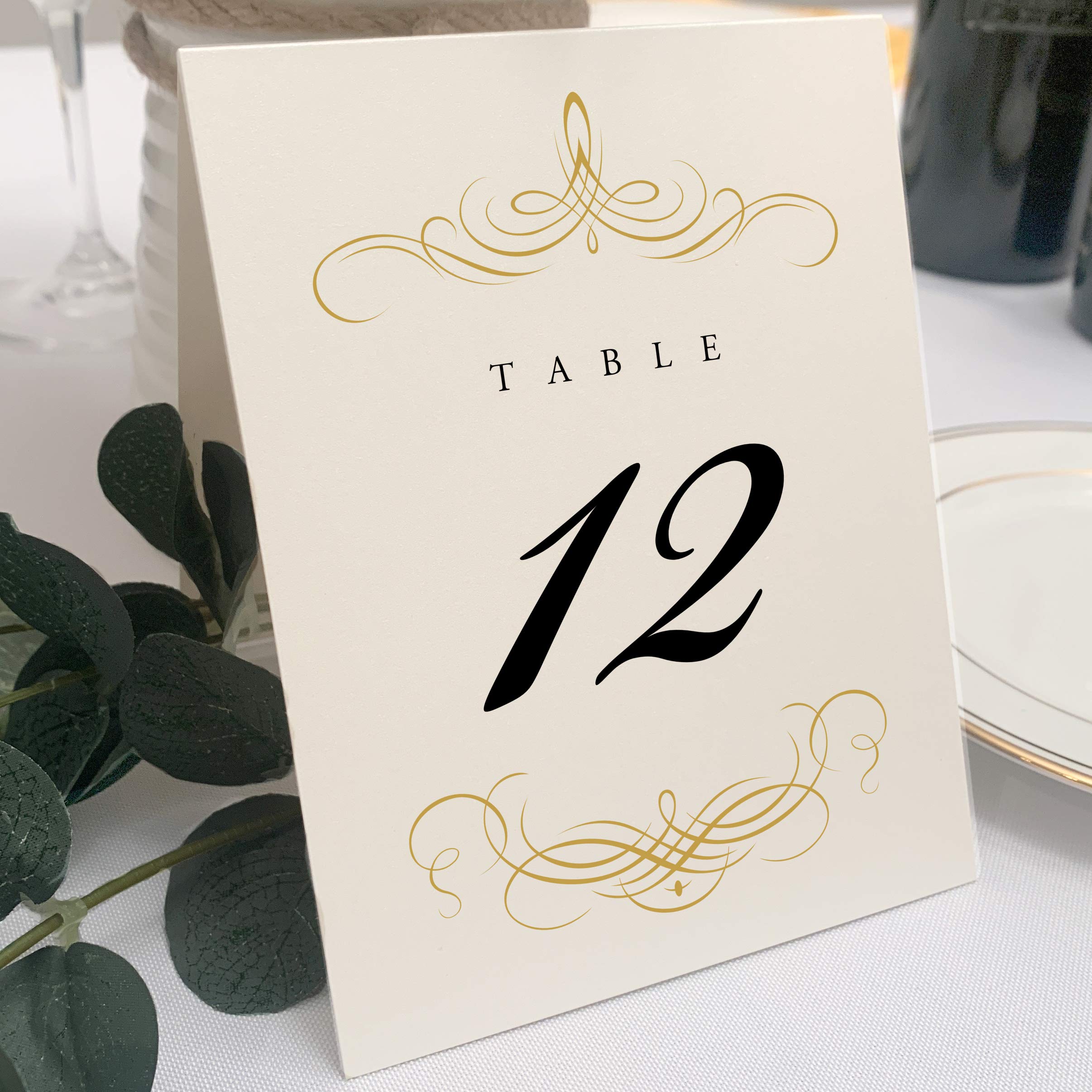 Decadent Flourish Wedding Table Numbers (Select Color/Quantity), Champagne, Gold, 1-20, Double Sided, Tent or Use in a Stand, Great for Parties & Restaurants - Made in the USA