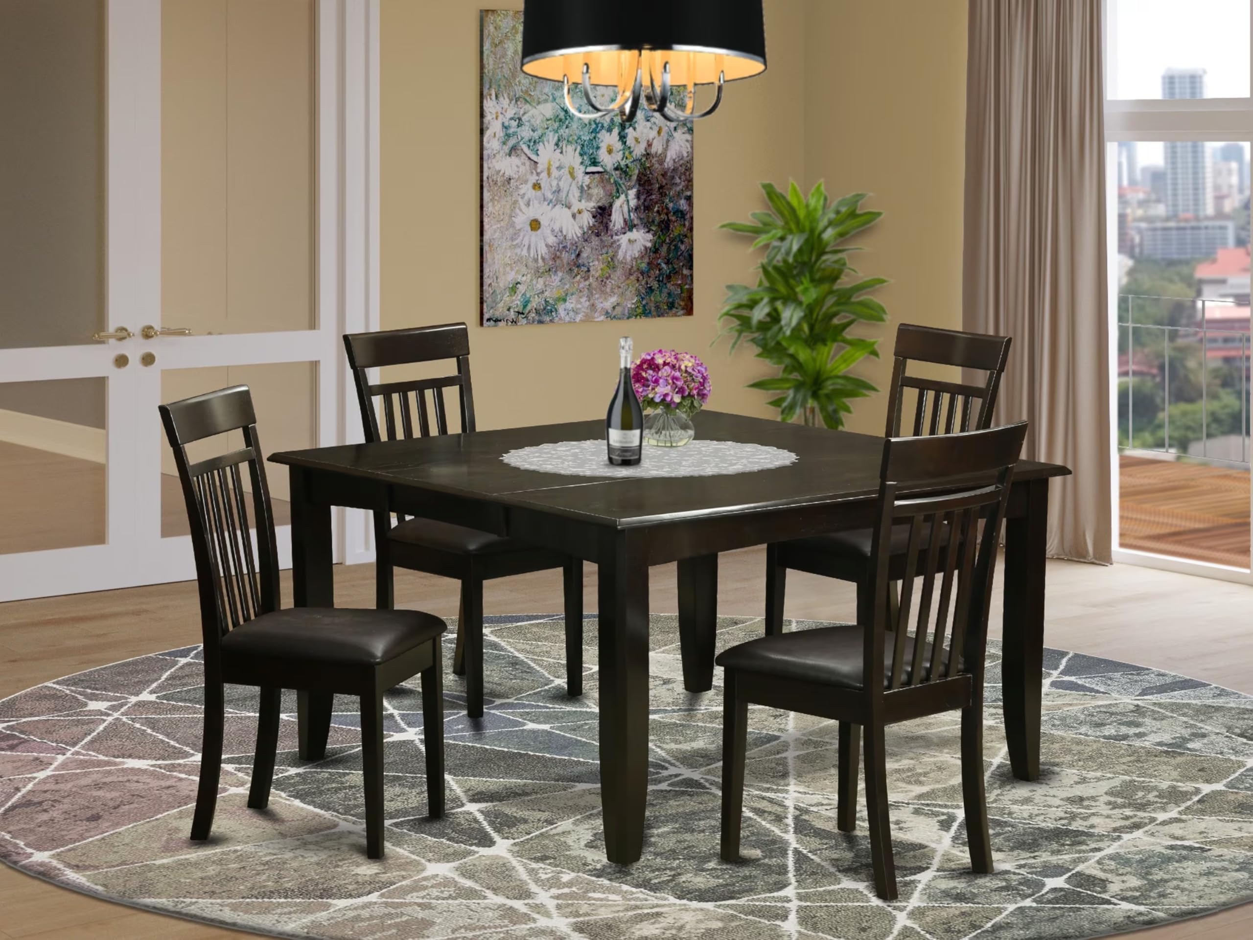 East West Furniture PFCA5-CAP-LC 5 Piece Dining Room Furniture Set Includes a Square Wooden Table with Butterfly Leaf and 4 Faux Leather Kitchen Dining Chairs, 54x54 Inch, Cappuccino