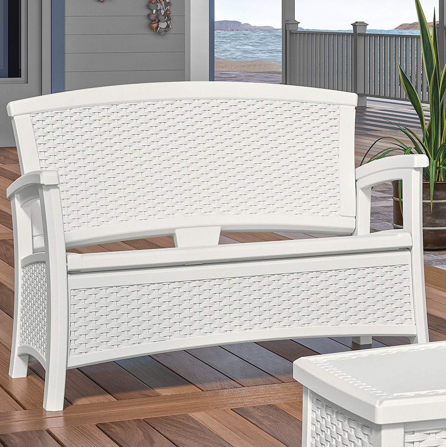 Suncast Elements Stylish Lightweight Loveseat Outdoor Seating with Convenient Built In Universal Storage, and All Weather Plastic, White