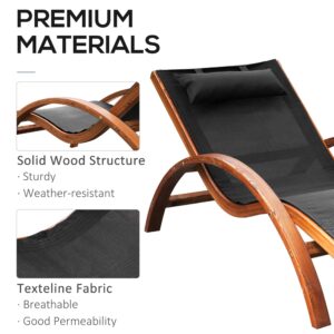 Outsunny Outdoor Chaise Wood Lounge Chair with Pillow, Armrests, Breathable Sling Mesh and Comfortable Curved Design for Patio, Deck, and Poolside