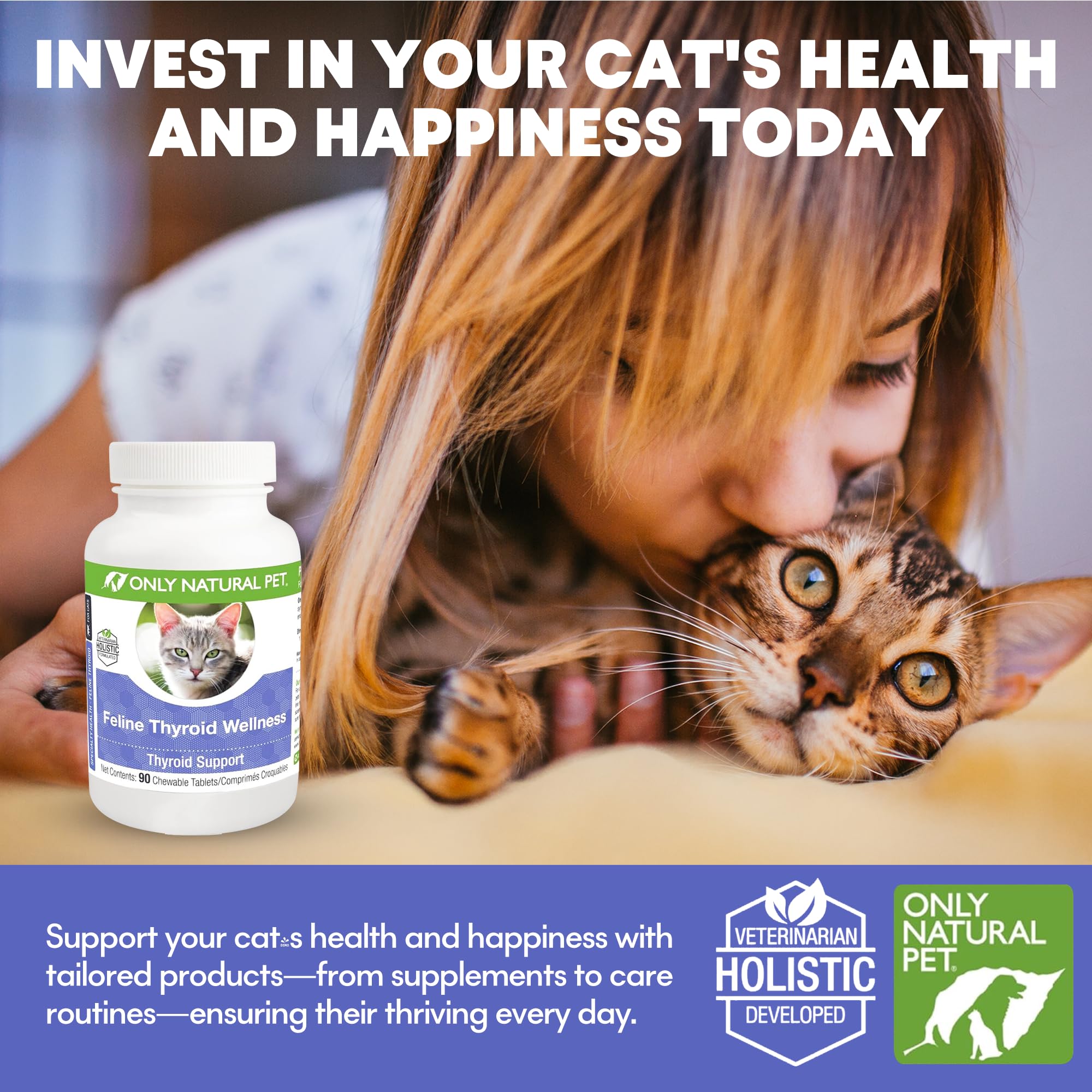 ONLY NATURAL PET Thyroid Support Supplement for Cats - Multivitamin with L-Carnitine & Lemon Balm - Vet Formulated - Helps with Endocrine & Immune Health - Turkey Flavored Chewable - 90 Tablets