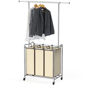 decobrothers heavy duty 3 bag extendable laundry sorter cart with hanging bar, beige