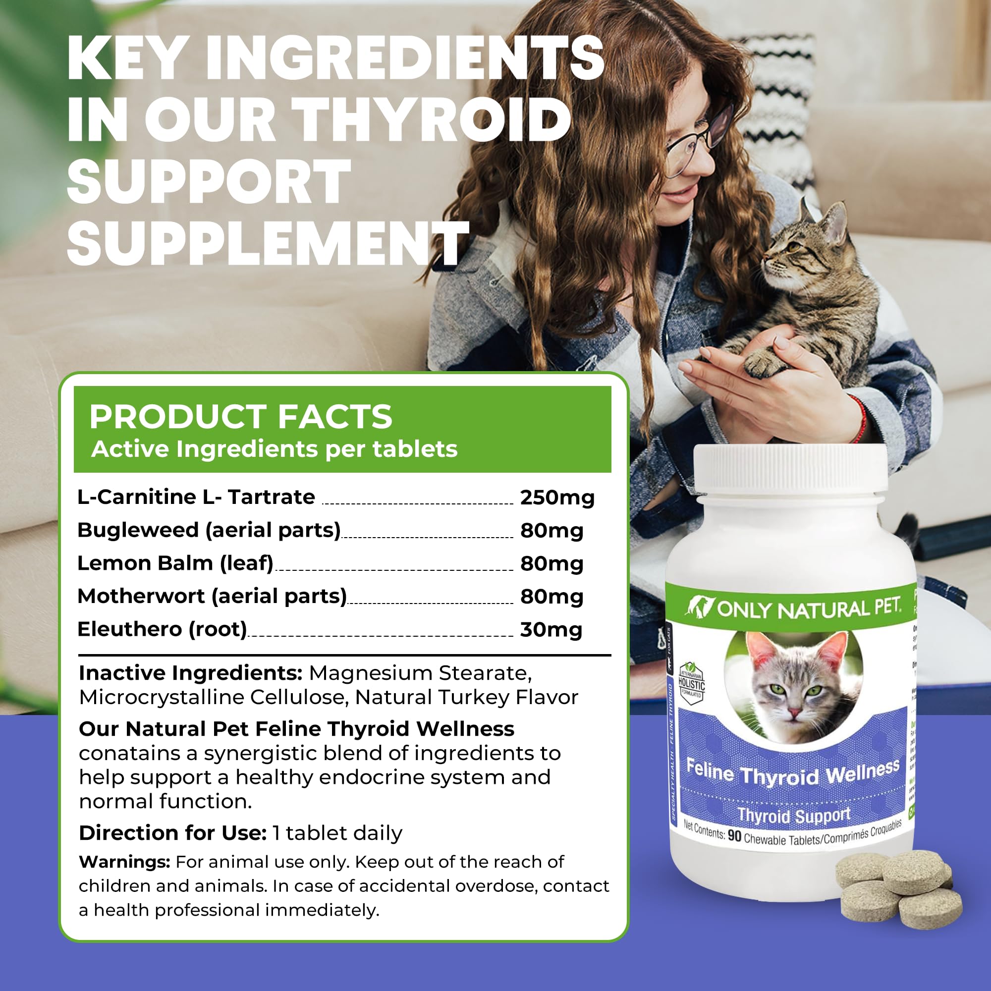 ONLY NATURAL PET Thyroid Support Supplement for Cats - Multivitamin with L-Carnitine & Lemon Balm - Vet Formulated - Helps with Endocrine & Immune Health - Turkey Flavored Chewable - 90 Tablets