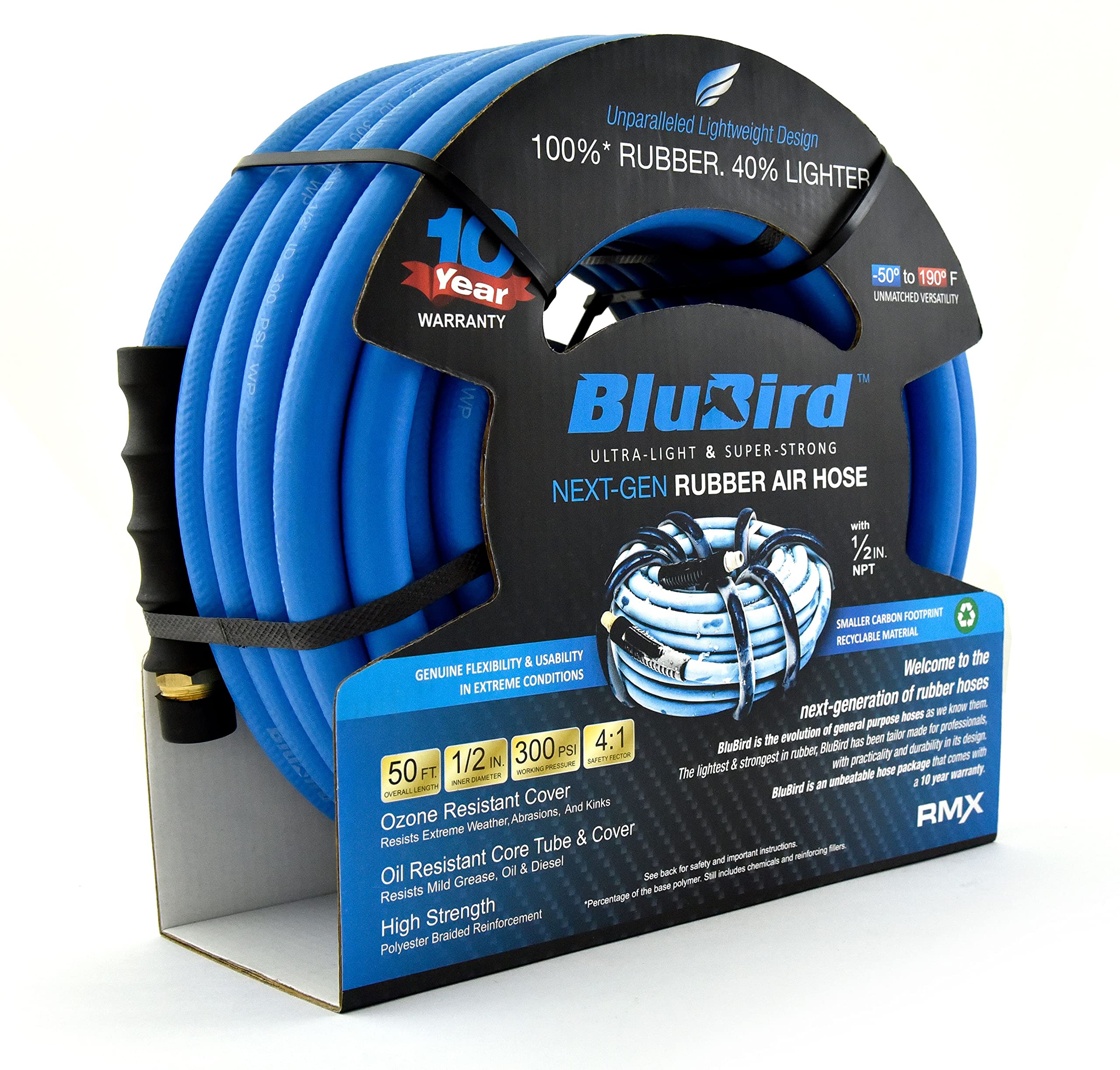 BLUBIRD BB1250 1/2" x 50' Rubber Air Hose, 100% Rubber, Lightest, Strongest, Most Flexible, 300 PSI, 50F to 190F Degrees, Ozone Resistant, High Strength Polyester Braided