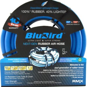 BLUBIRD BB1250 1/2" x 50' Rubber Air Hose, 100% Rubber, Lightest, Strongest, Most Flexible, 300 PSI, 50F to 190F Degrees, Ozone Resistant, High Strength Polyester Braided