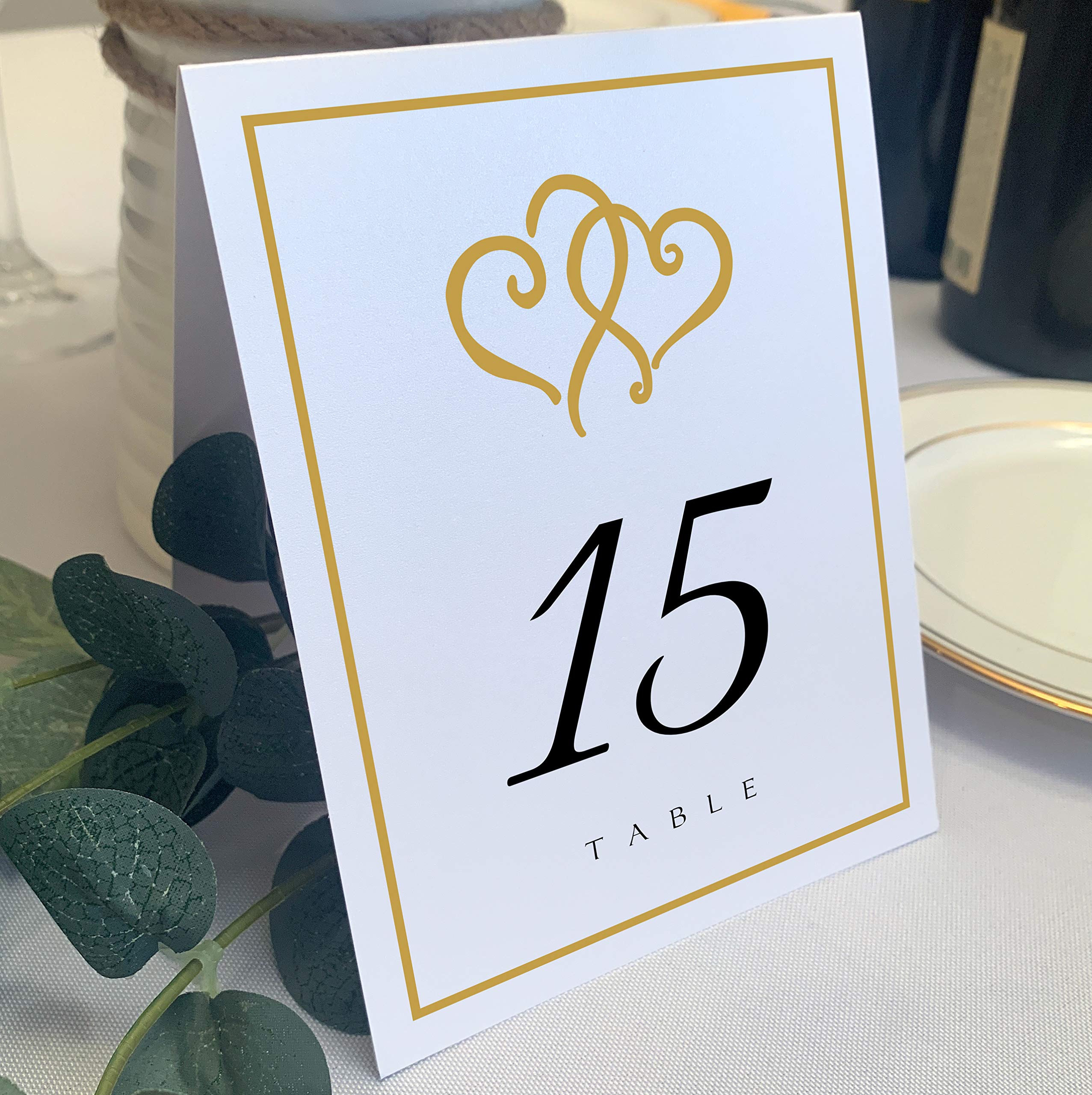 Linked Hearts and Border Wedding Table Numbers (Select Color/Quantity), White, Gold, 1-10, Double Sided, Tent or Use in a Stand, Great for Parties & Restaurants