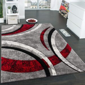 paco home designer rug with contour cut striped model in grey black and red mixture, size:6'7" x 9'6"