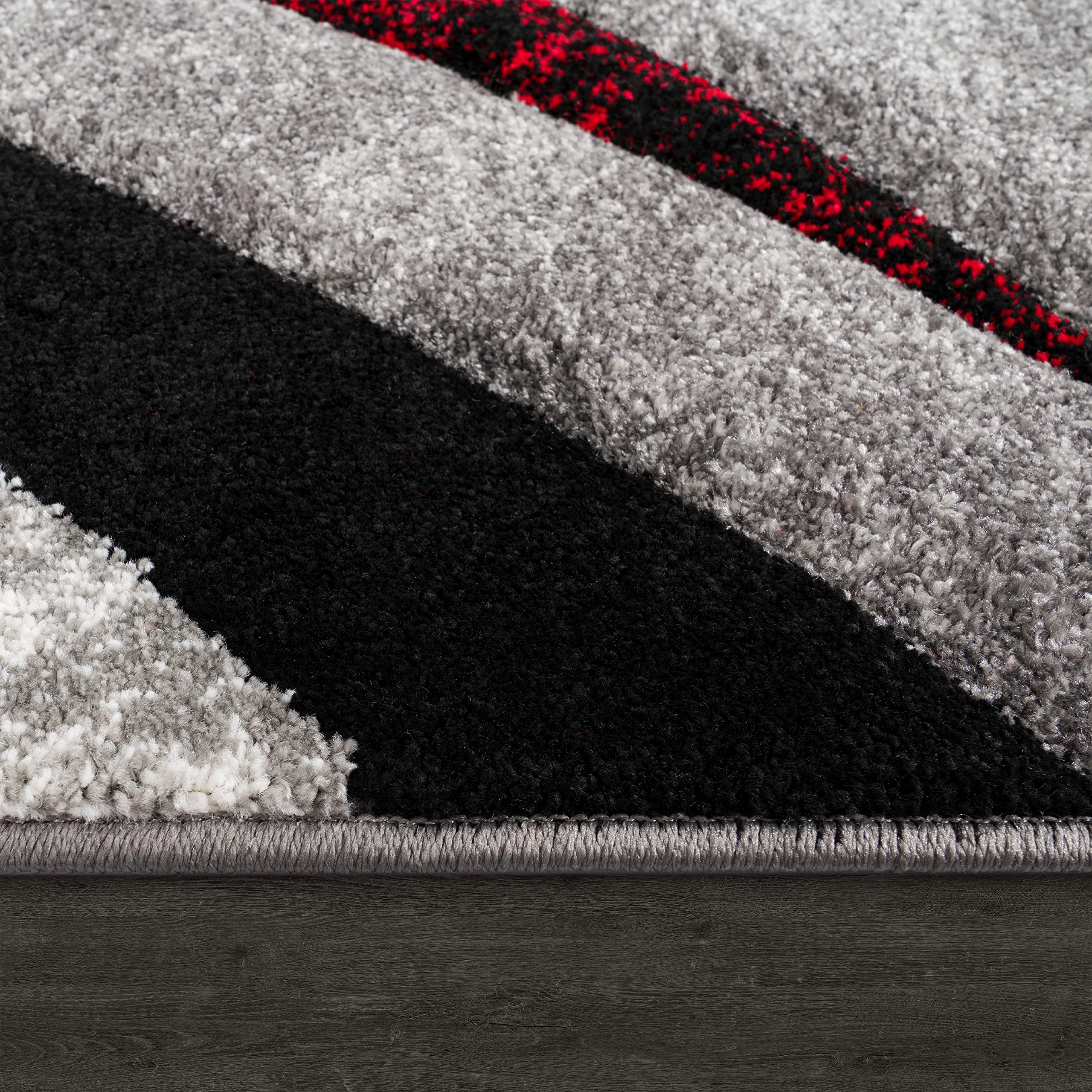 Paco Home Designer Rug with Contour Cut Striped Model in Grey Black and Red Mixture, Size:6'7" x 9'6"