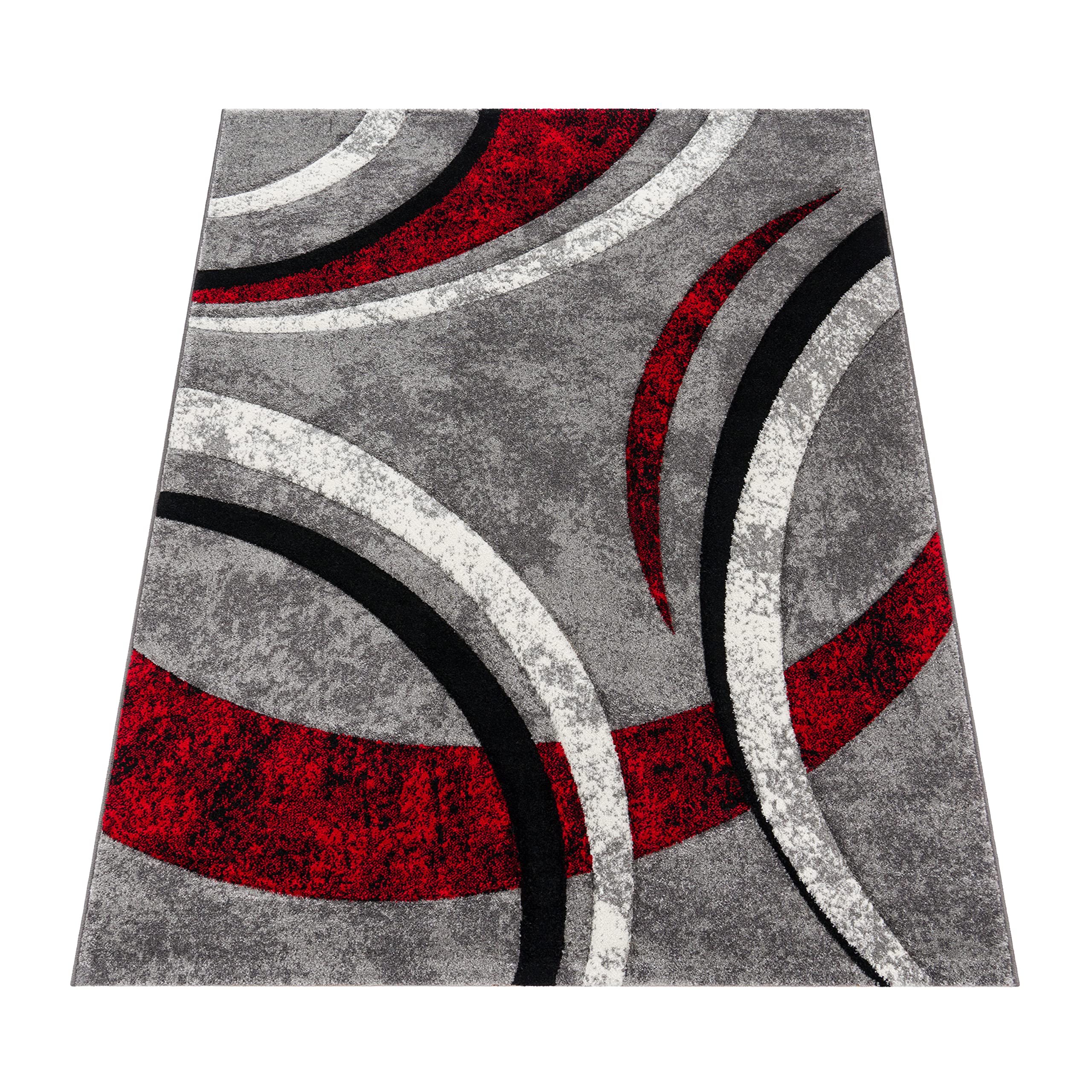 Paco Home Designer Rug with Contour Cut Striped Model in Grey Black and Red Mixture, Size:6'7" x 9'6"