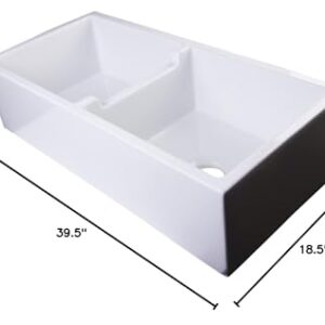 ALFI brand AB3918DB-W Smooth Thick Wall Fireclay Double Bowl Farm Sink, 39", White