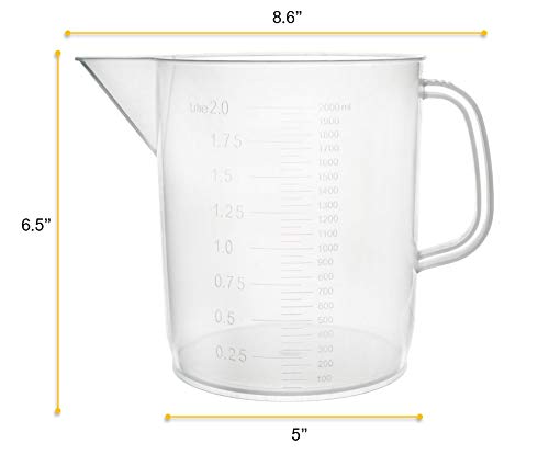 EISCO Plastic Pitcher, 2000mL (2L) - Short Form, Euro Design - Molded Graduations - Chemical Resistant & Autoclavable Polypropylene - Measuring Jug