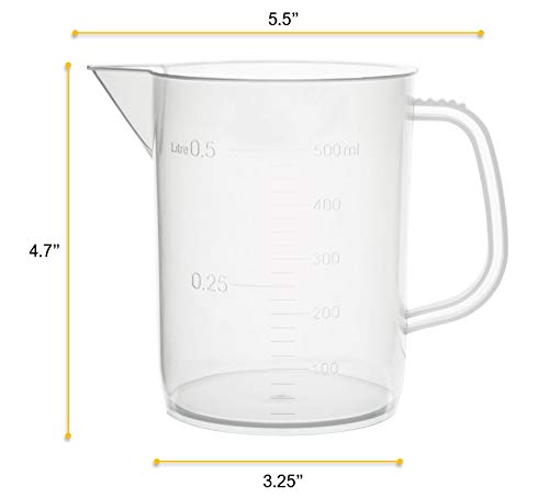 EISCO Plastic Pitcher, 500mL - Short Form, Euro Design - Molded Graduations - Chemical Resistant & Autoclavable Polypropylene - Measuring Jug Labs