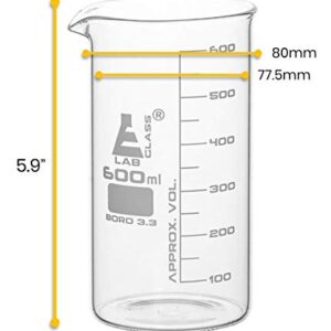 EISCO Beaker, 600ml - Tall Form with Spout - White, 50ml Graduations - Borosilicate 3.3 Glass