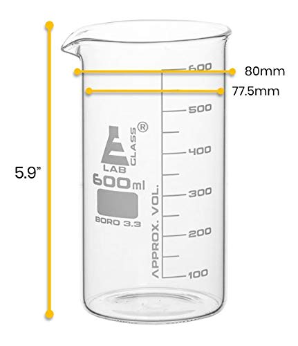 EISCO Beaker, 600ml - Tall Form with Spout - White, 50ml Graduations - Borosilicate 3.3 Glass