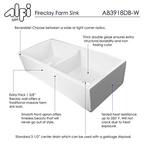 ALFI brand AB3918DB-W Smooth Thick Wall Fireclay Double Bowl Farm Sink, 39", White