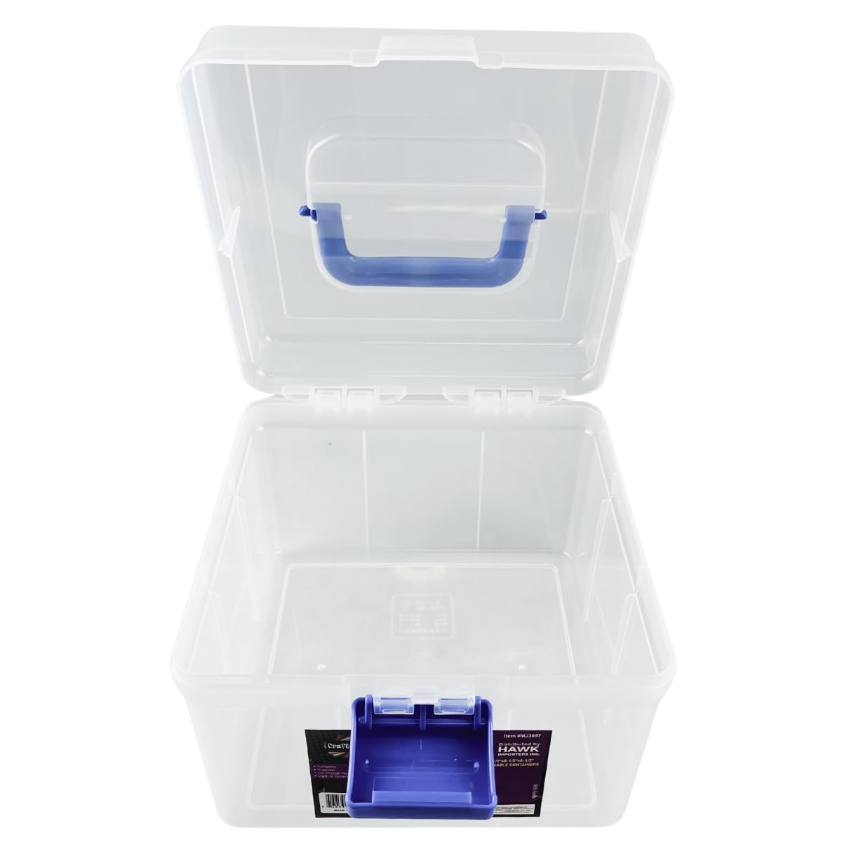 BIN BUDDY 8.25" x 8.25" x 6" (21 cm x 21 cm x 15.2 cm) Clear Plastic Storage Box | Blue Handle and Latch | Lightweight and Sturdy | Ideal for Beading, Crafting, and Hobbies