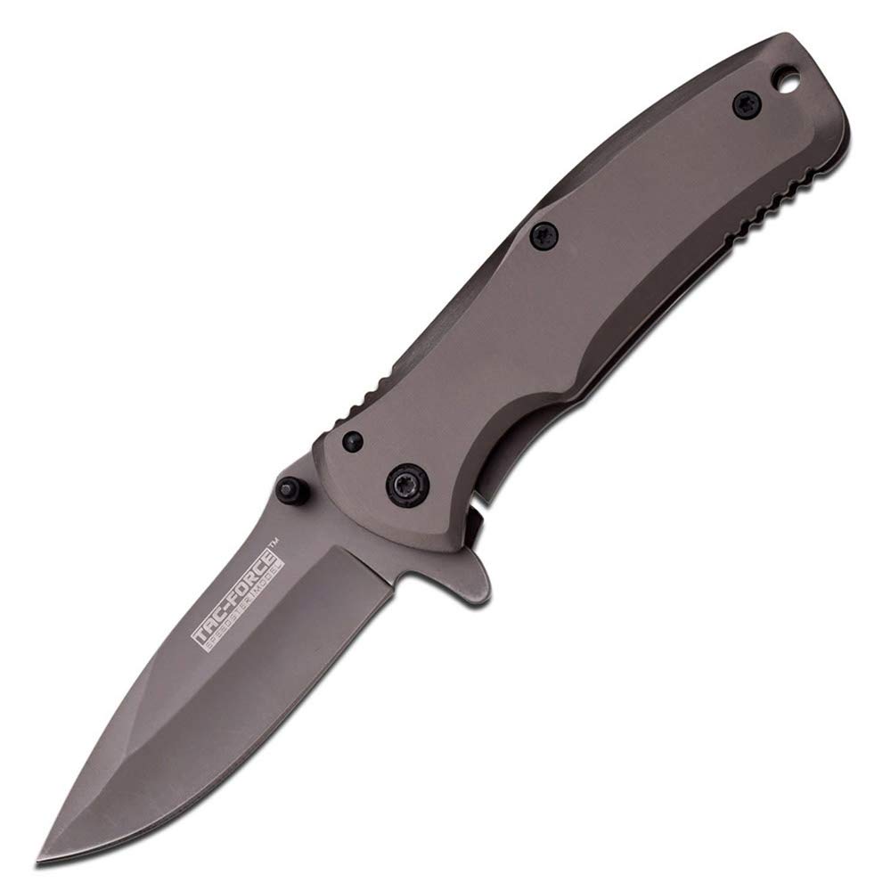 TF-848-MC Tac Force TF-848 Spring Assist Folding Knife, Grey Titanium Straight Edge Blade, Grey Handle, 3.5" Closed