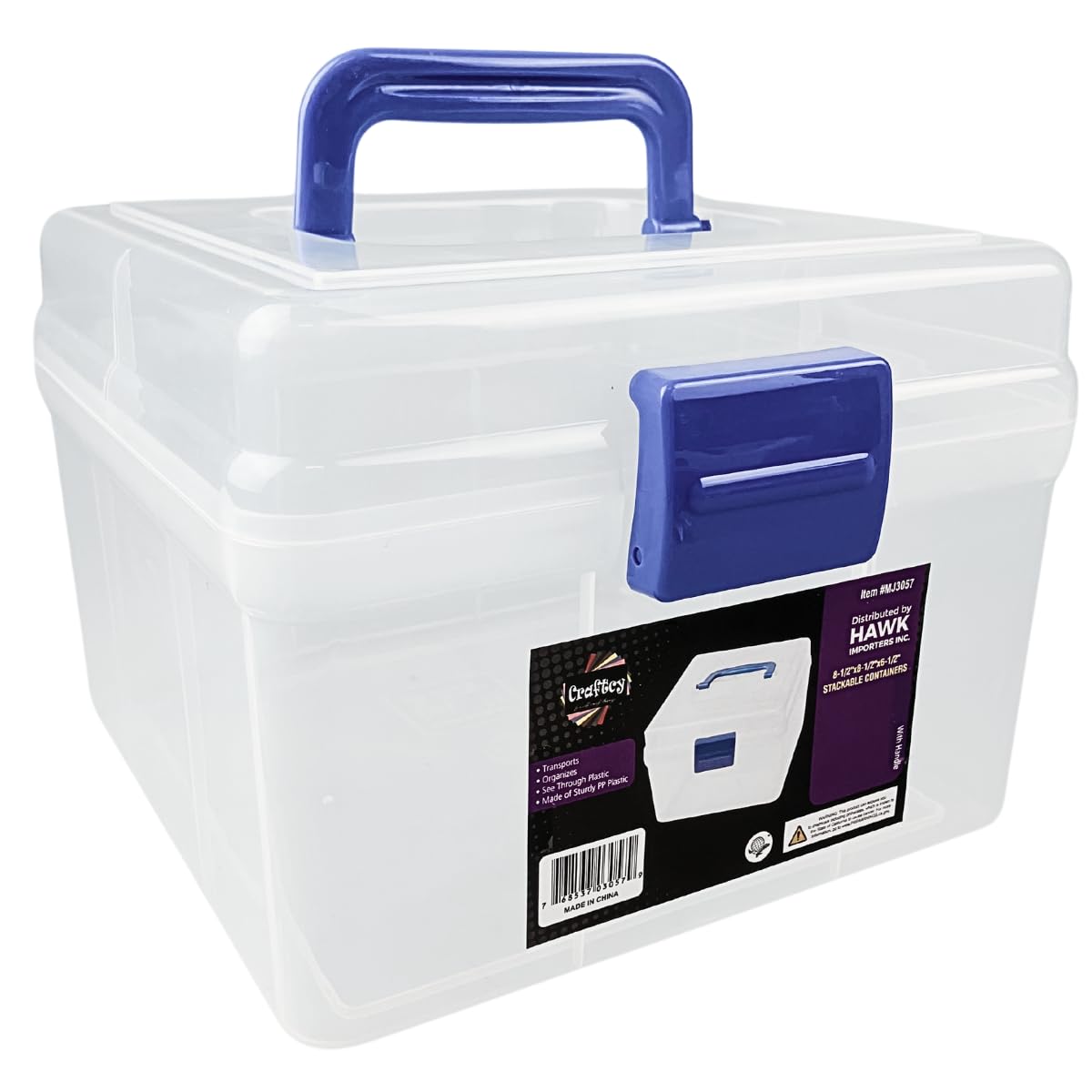 BIN BUDDY 8.25" x 8.25" x 6" (21 cm x 21 cm x 15.2 cm) Clear Plastic Storage Box | Blue Handle and Latch | Lightweight and Sturdy | Ideal for Beading, Crafting, and Hobbies