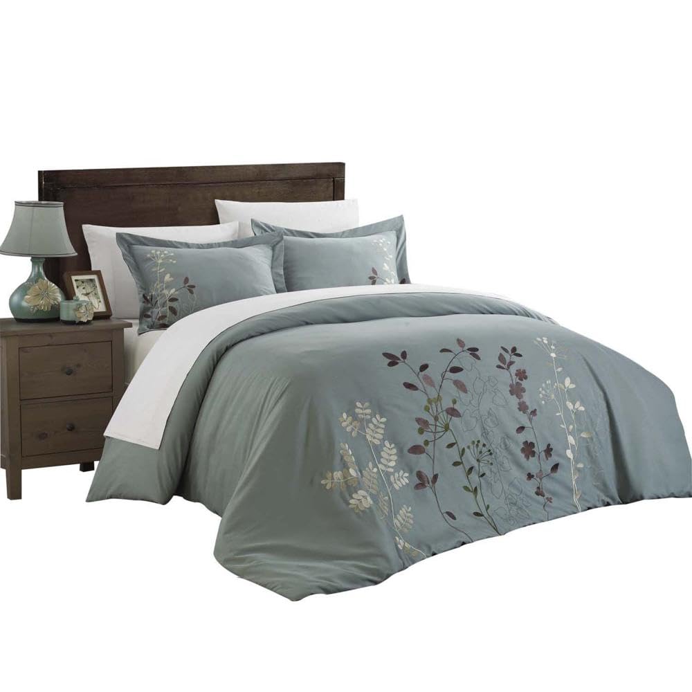 Chic Home 3-Piece Kaylee Floral Embroidered Duvet Set (King, Green)