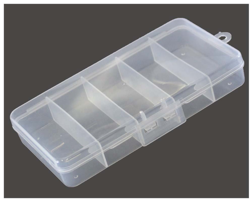 BIN BUDDY (2 Pack Clear Plastic Boxes | 5 Compartments Each | 1.25" x 3.5" Sections | 3.5" x 7" Overall Size | Versatile Home Organizer with Hanging Hook