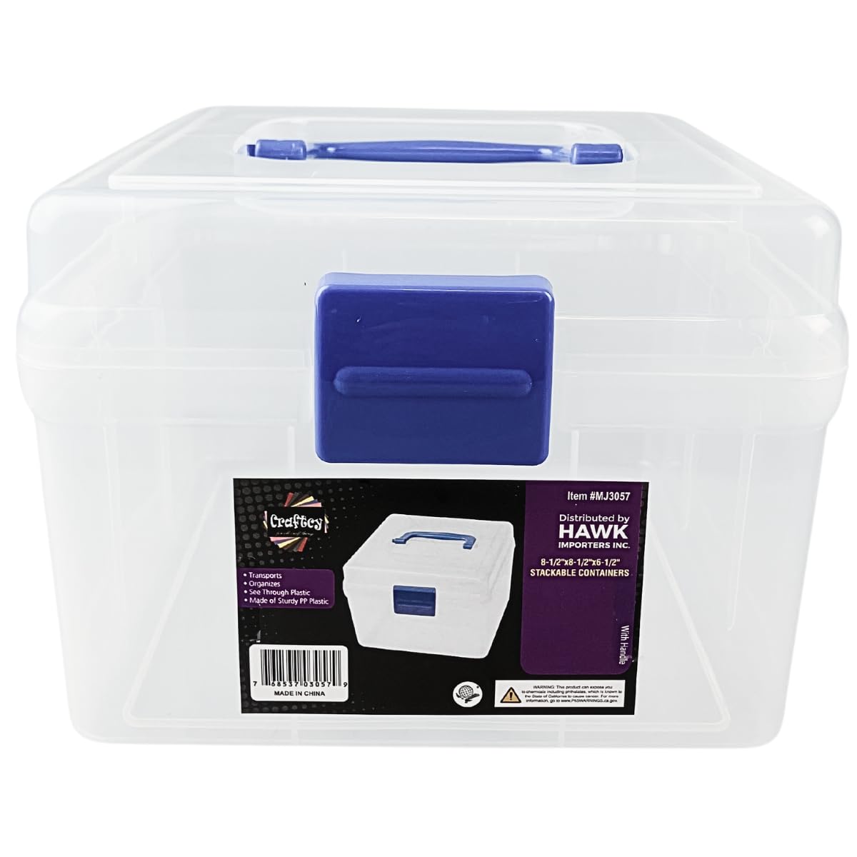 BIN BUDDY 8.25" x 8.25" x 6" (21 cm x 21 cm x 15.2 cm) Clear Plastic Storage Box | Blue Handle and Latch | Lightweight and Sturdy | Ideal for Beading, Crafting, and Hobbies