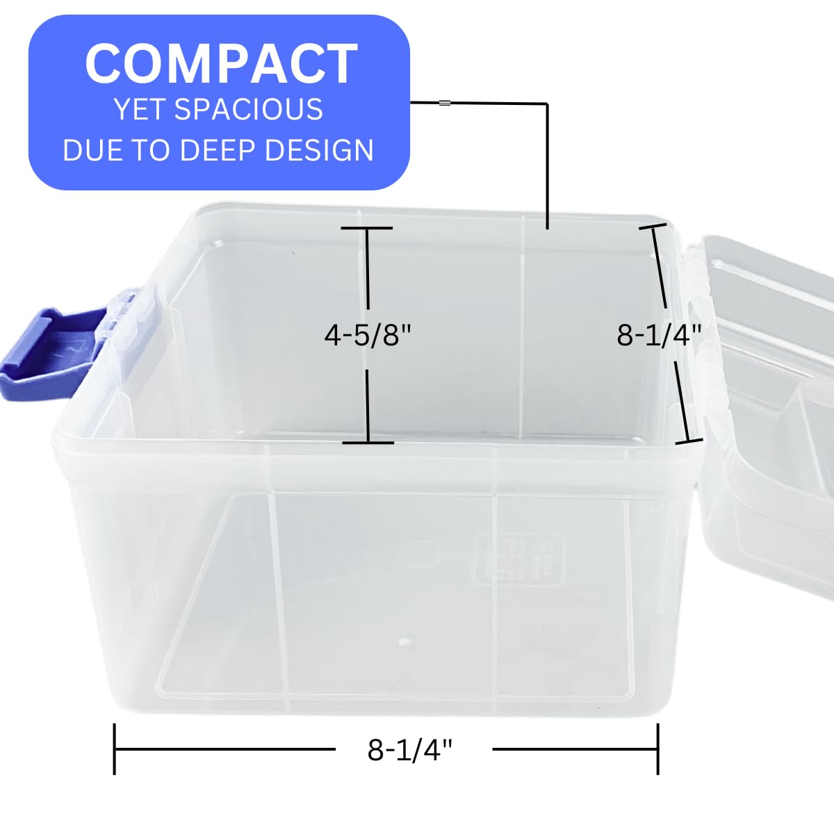 BIN BUDDY 8.25" x 8.25" x 6" (21 cm x 21 cm x 15.2 cm) Clear Plastic Storage Box | Blue Handle and Latch | Lightweight and Sturdy | Ideal for Beading, Crafting, and Hobbies