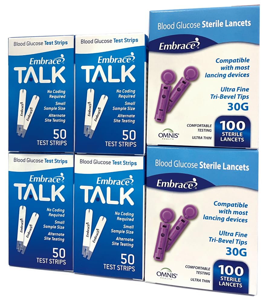 200 Embrace Talk Blood Glucose Test Strips includes 200 30g Lancets