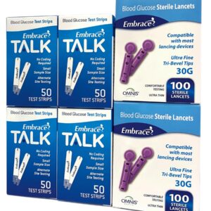 200 Embrace Talk Blood Glucose Test Strips includes 200 30g Lancets